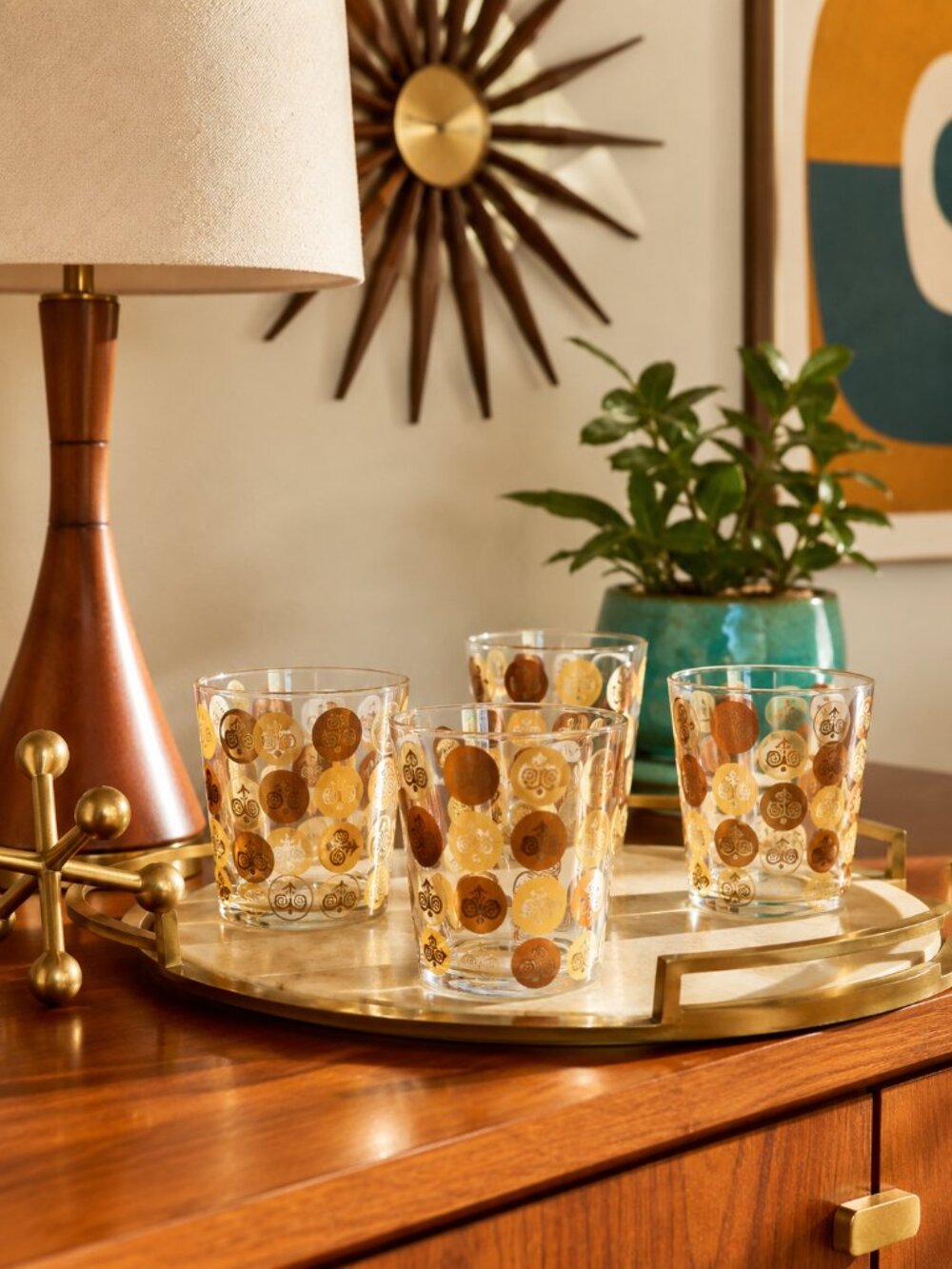 Vintage Cera Nova 22K Gold Owl Glasses Set 4 Mid Century Modern Barware MCM